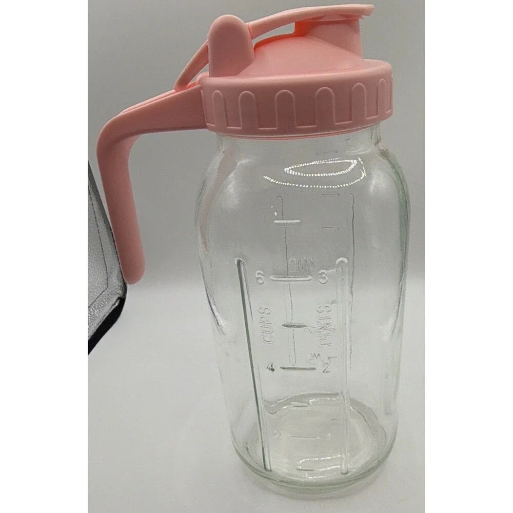 Clear Glass Pitcher 1500 ml with Pink Plastic Lid & Handle, Measuring Marks